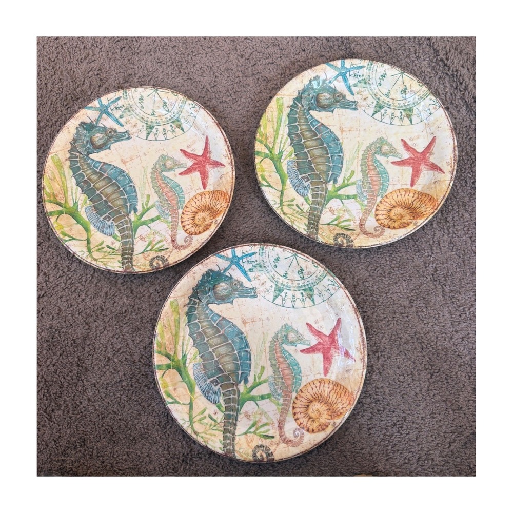 Pier 1 Imports Spikey the Seahorse Melamine Salad Plates Set of 3 Coastal 9 inch